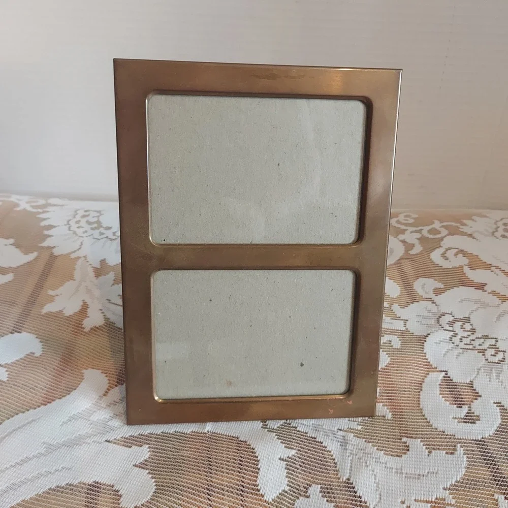 Vintage Penco Brass Double Picture Frame 7.5x5.5 Tabletop Easel Gold MCM Hong Ko